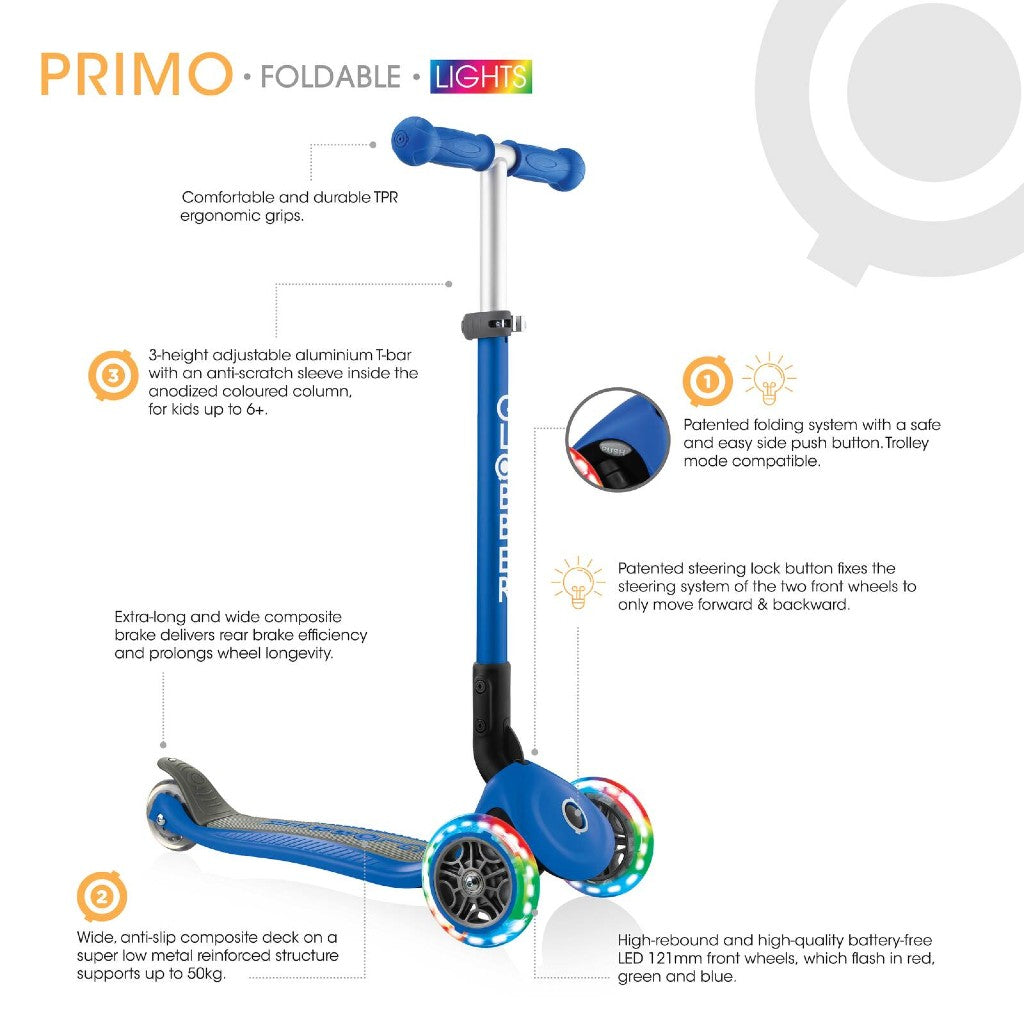 Globber PRIMO Foldable Lights w/Ano TBar | Navy Blue